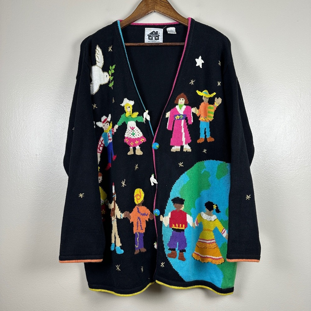 Storybook Knits Women 1X Cardigan Black World Peace Global Unity Novelty Vintage